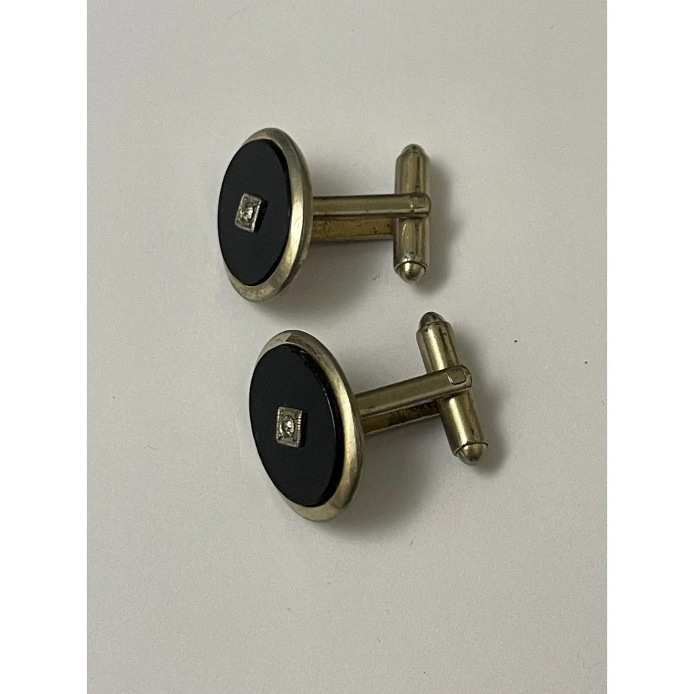 Vintage Silver Tone Oval Black Glass Rhinestone Cufflinks